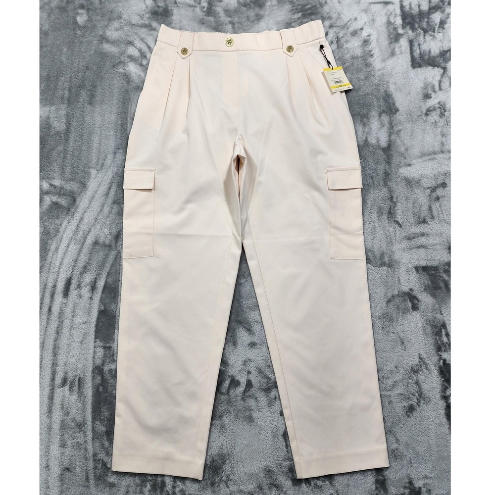 NEW Anne Klein Pants Womens M Cream High Rise Cargo Ankle Twill Pleated Pull On